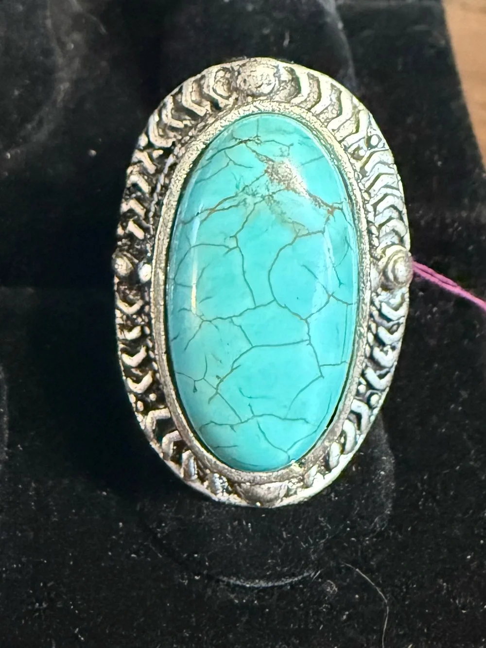 Turquoise Oval Statement Ring - Silver-Tone Setting